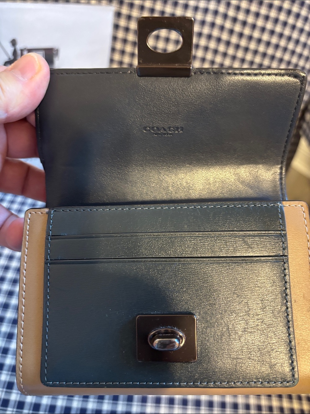 Coach Hutton Colorblock Mini Wallet in navy blue , Blush Pink & tan - Picture 7 of 13